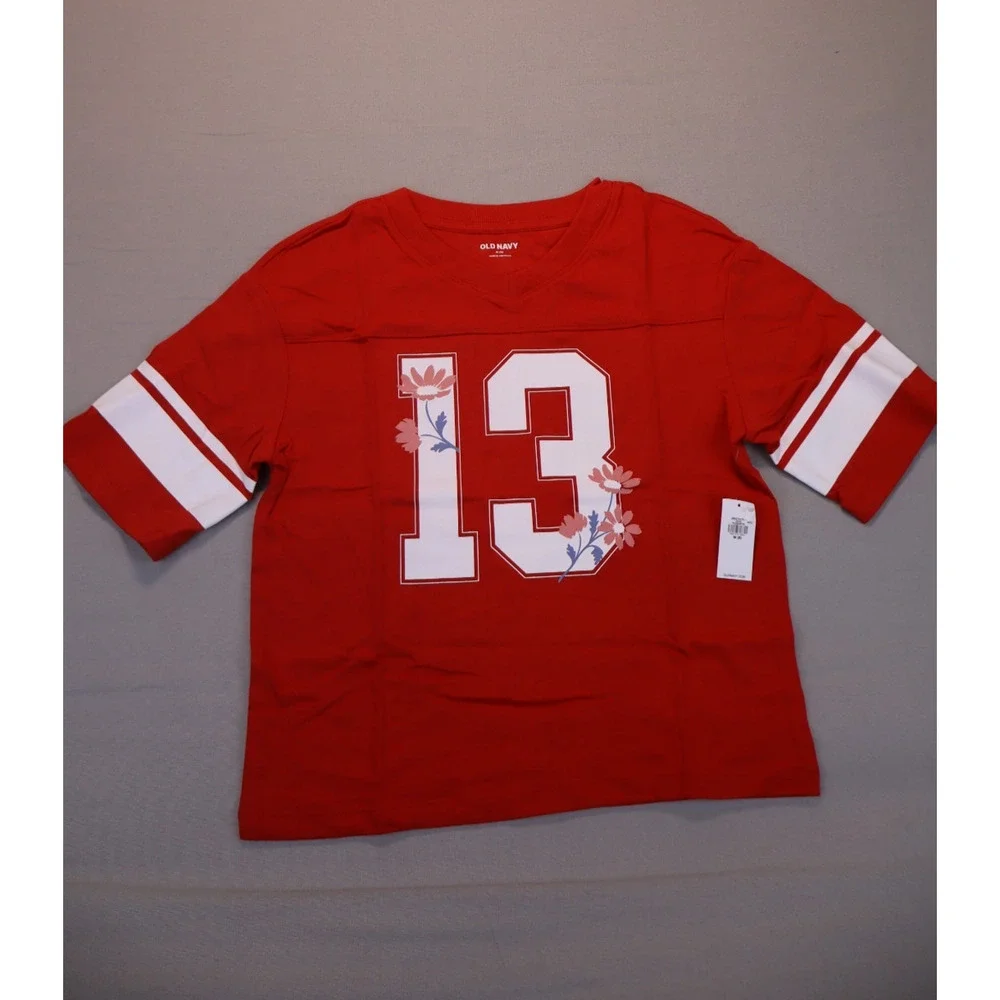 NEW Old Navy Kid Girl Red 13 Football V Neck Oversized T Shirt Top Size M